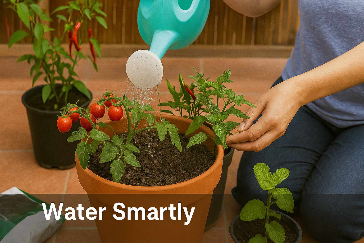 Urban gardener watering cherry tomatoes and mint on a sunny balcony using a watering can—illustrating smart watering techniques for healthy vegetable growth in small spaces.